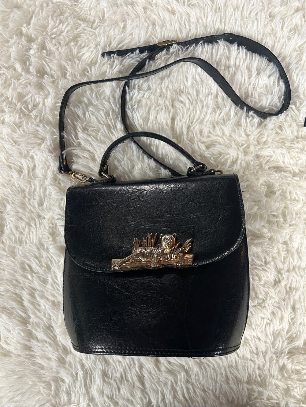 Vintage 1990’s Sasha Black Crossbody Bag with Gold Panther Leopard Accent